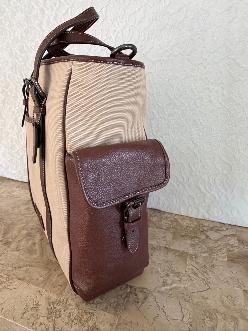 XL COACH spring CR323 Brown Beige tweed Leather Tote Bag unisex men’s bag - Picture 4 of 12